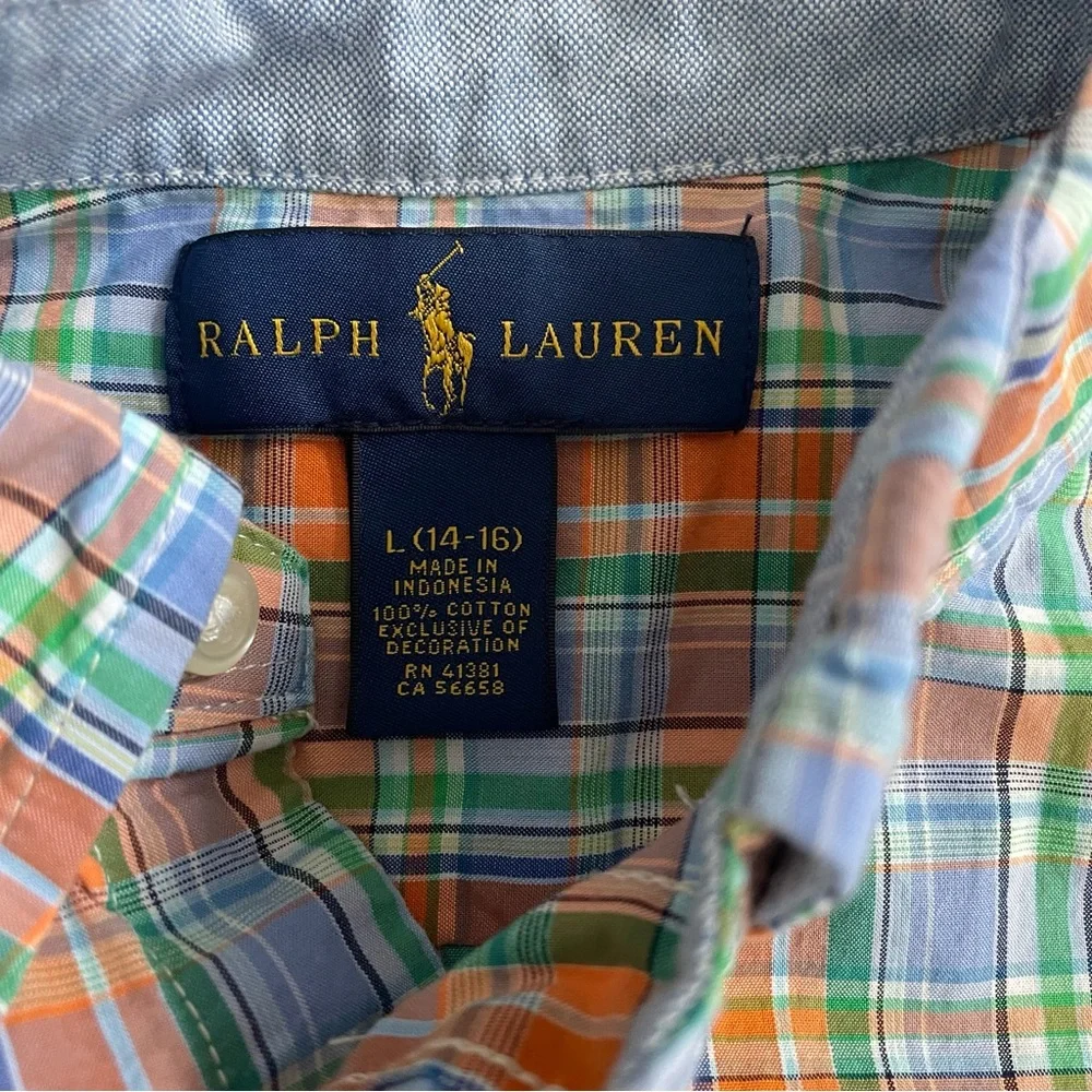 Ralph Lauren Blue, Green & Orange Plaid Long Sleeve Button Down size L (14-16)
